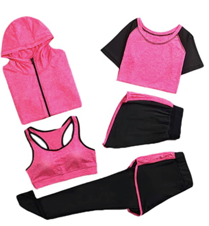 Huateng Set da Palestra da Donna, Tuta da Jogging, Tuta da Ginnastica, Tuta Fitness, Completo da Allenamento, 5 Pezzi
